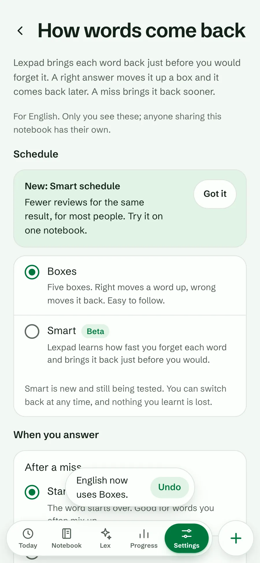 Back on Boxes: the message English now uses Boxes with an Undo button, and the After a miss choices that only Boxes has