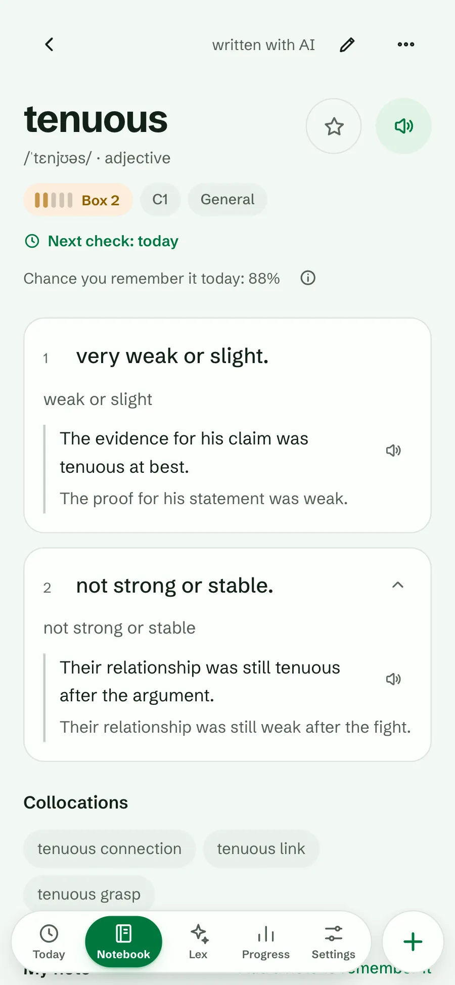 The word tenuous in a Smart notebook: Box 2, Next check: today, and Chance you remember it today: 88%