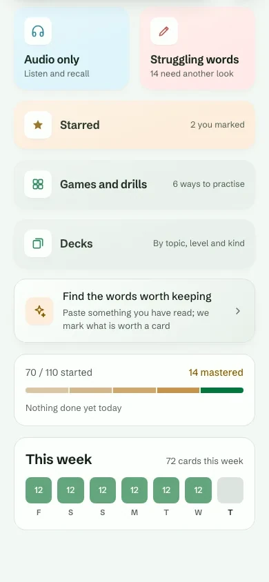 Today’s Focused practice: Audio only, Struggling words, Starred, then Games and drills, 6 ways to practise, and Decks, By topic, level and kind
