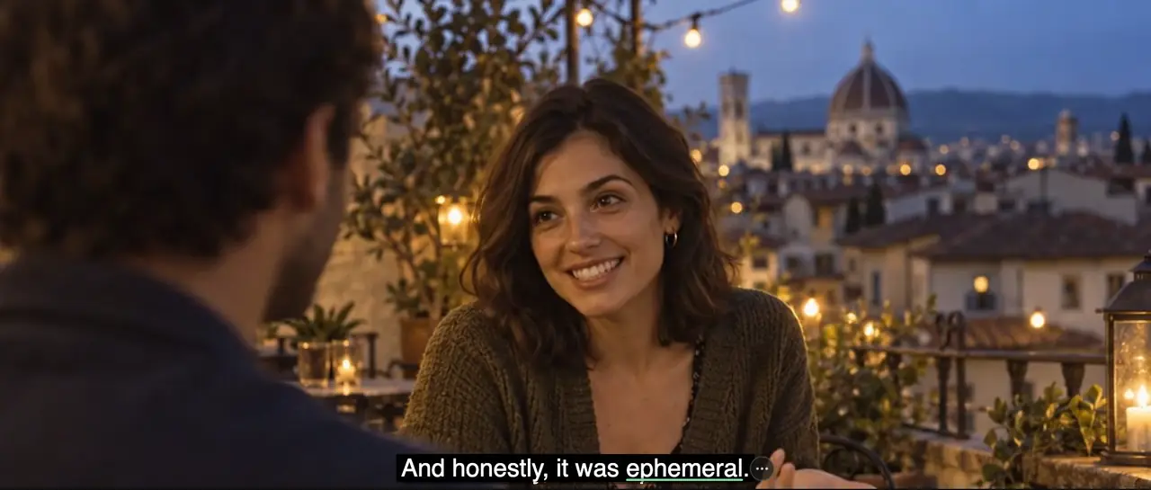 A paused video of a woman laughing on a terrace at dusk, with the subtitle “And honestly, it was ephemeral.”; the word ephemeral is underlined in green, and a small ⋯ button sits at the end of the line