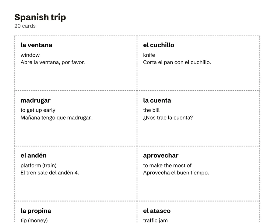 The printable page of a 20-note Spanish deck as cards to cut out: la ventana, window, Abre la ventana, por favor; el cuchillo, knife; madrugar, to get up early; la cuenta, the bill