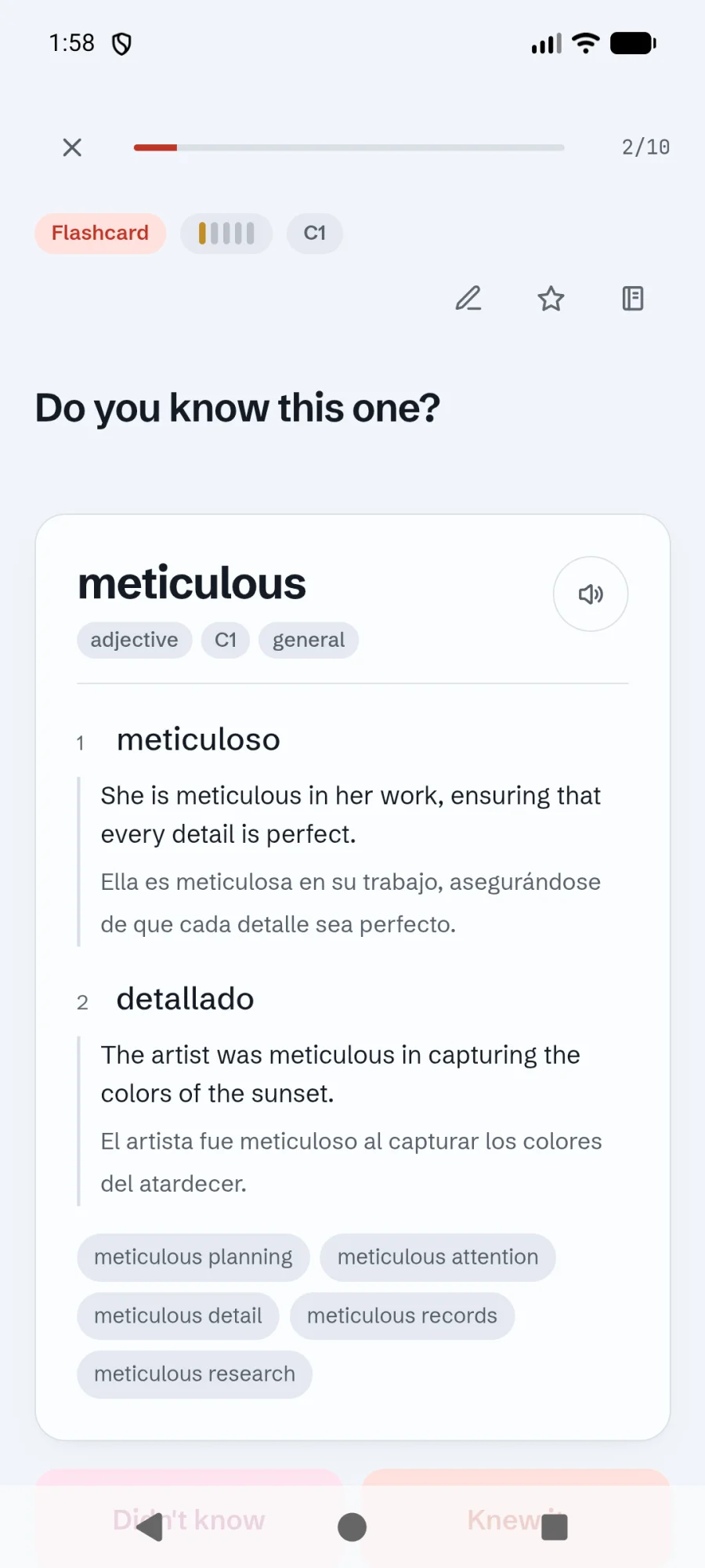 The revealed flashcard for meticulous with Spanish meanings and examples