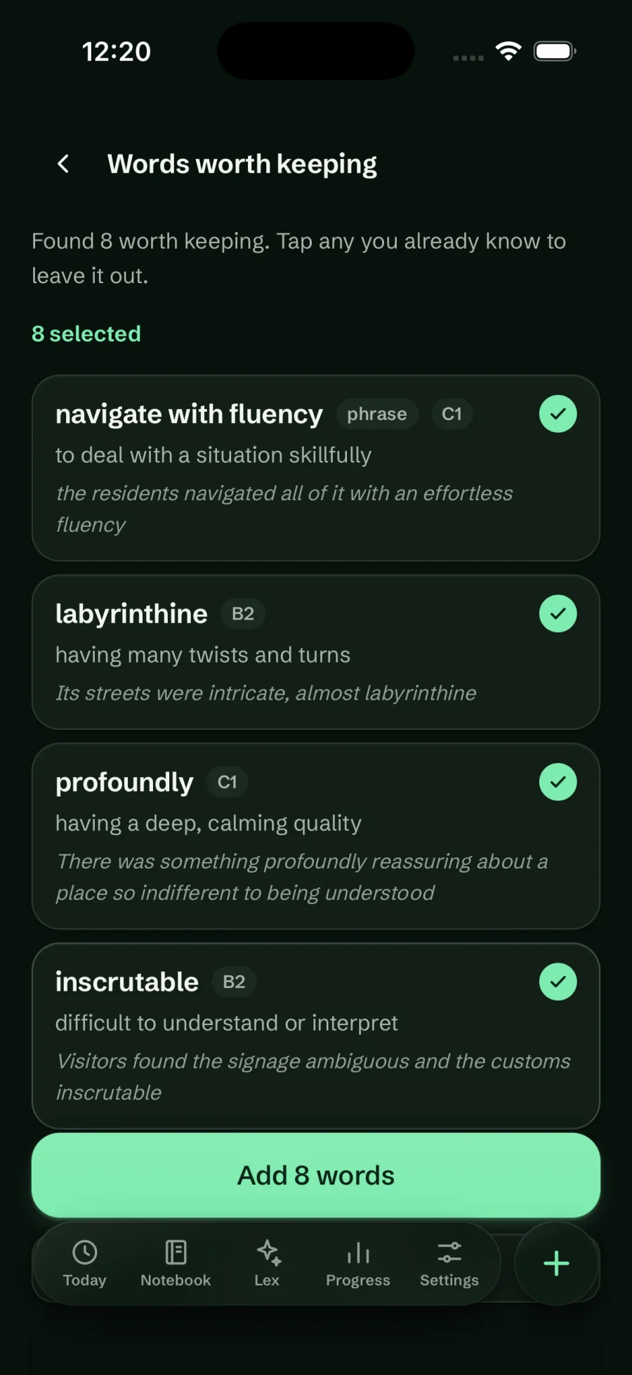 Words worth keeping in the Forest dark theme: navigate with fluency, labyrinthine, profoundly and inscrutable, all selected