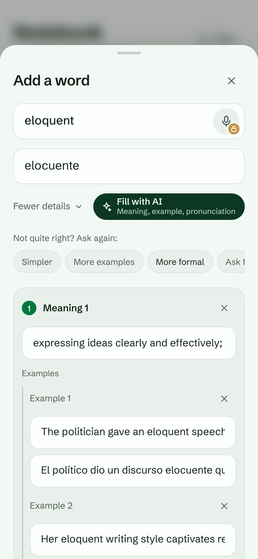 The Add a word sheet with an AI-written card for eloquent