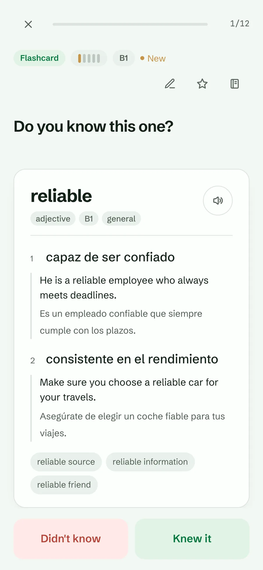 A turned-over flashcard for reliable showing two numbered Spanish meanings with examples and the Didn’t know and Knew it buttons