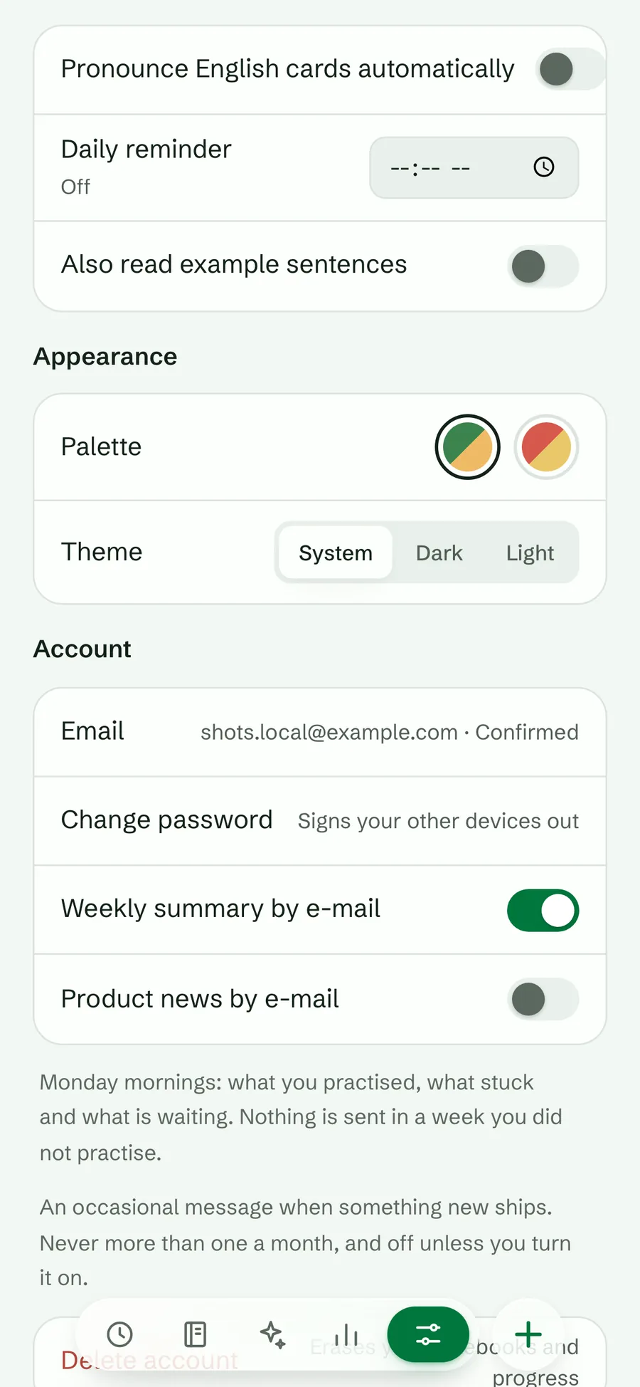 The Appearance settings with the Forest and Coral palette swatches and the System, Dark and Light theme choices