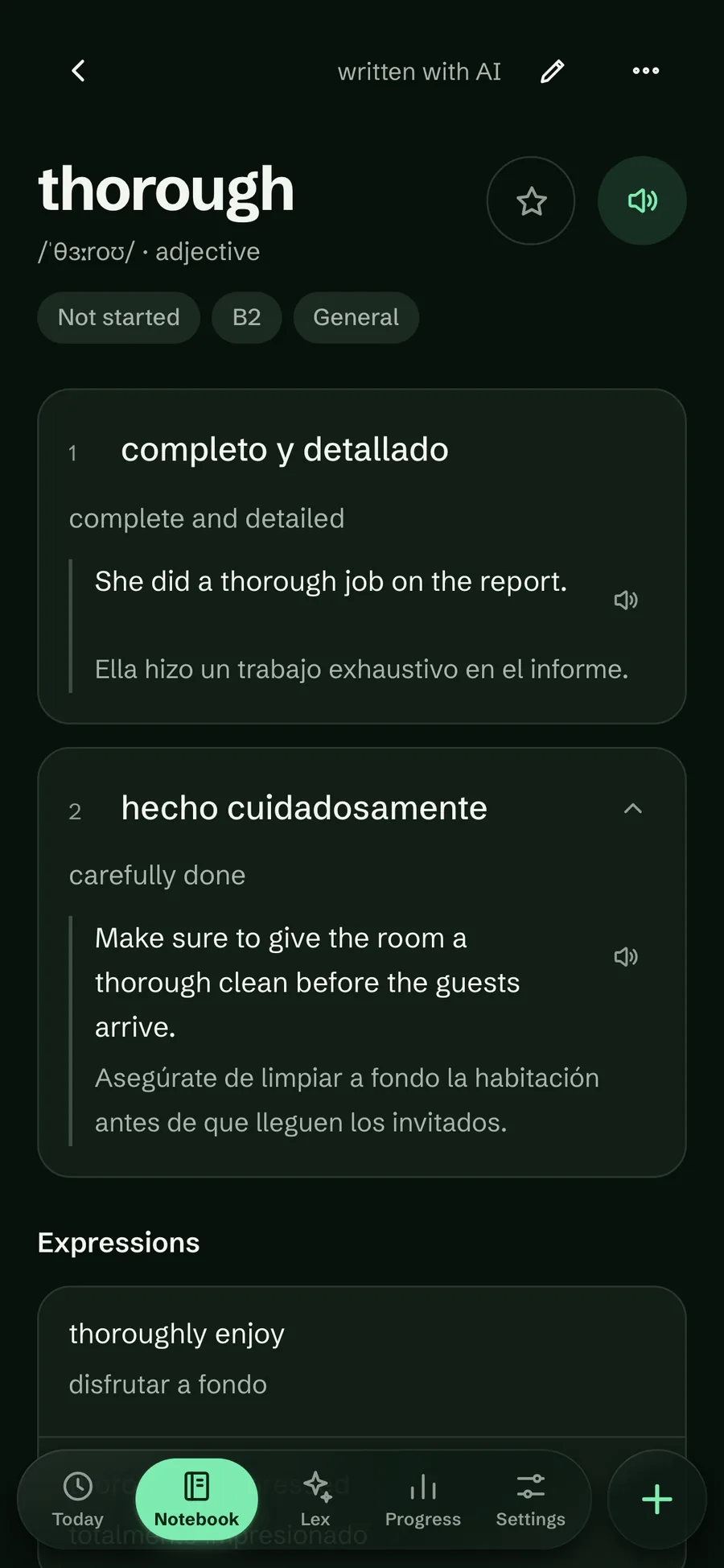 The word thorough in the dark theme with its Spanish meanings, pronunciation and examples