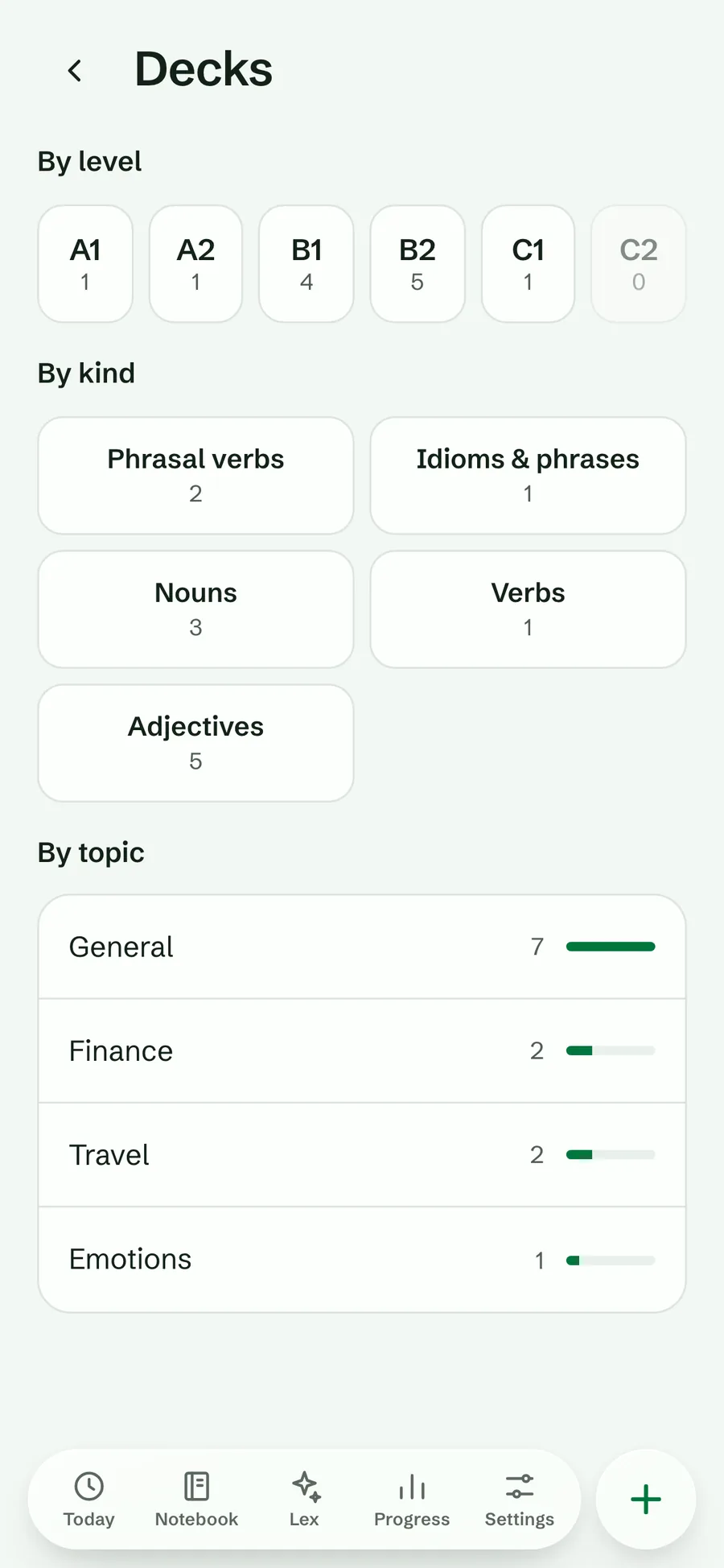 The Decks screen with level decks A1 to C2, kinds such as phrasal verbs and nouns, and topics with their word counts