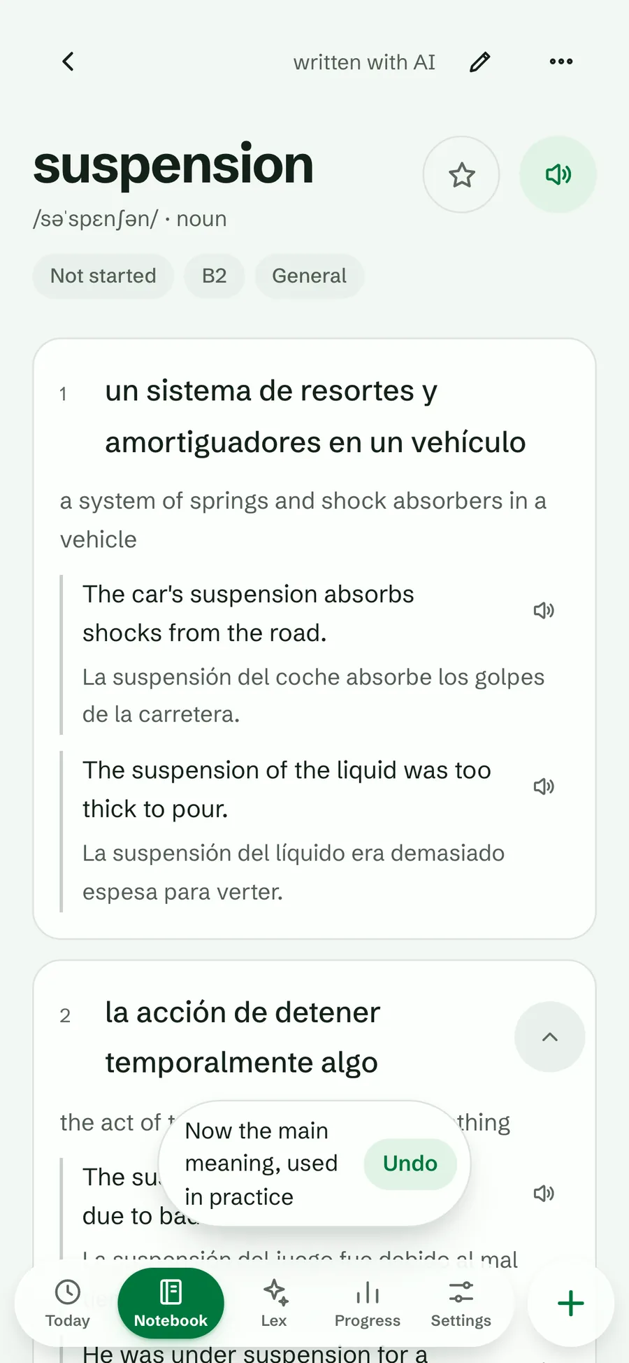 The word suspension with its vehicle meaning moved to first place and a message saying it is now the main meaning used in practice