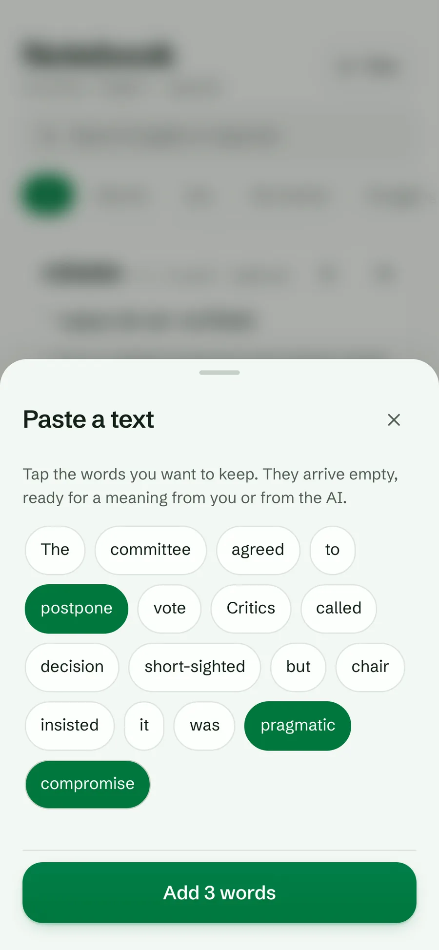 The Paste a text sheet with three words picked