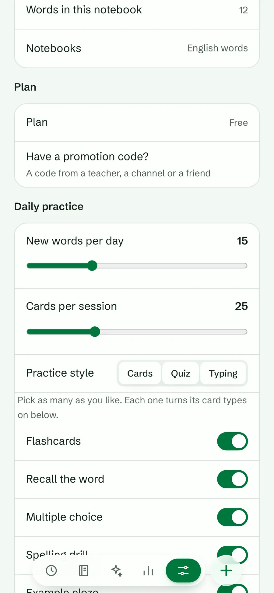 Practice settings: new words per day, cards per session, practice style and each card type switch