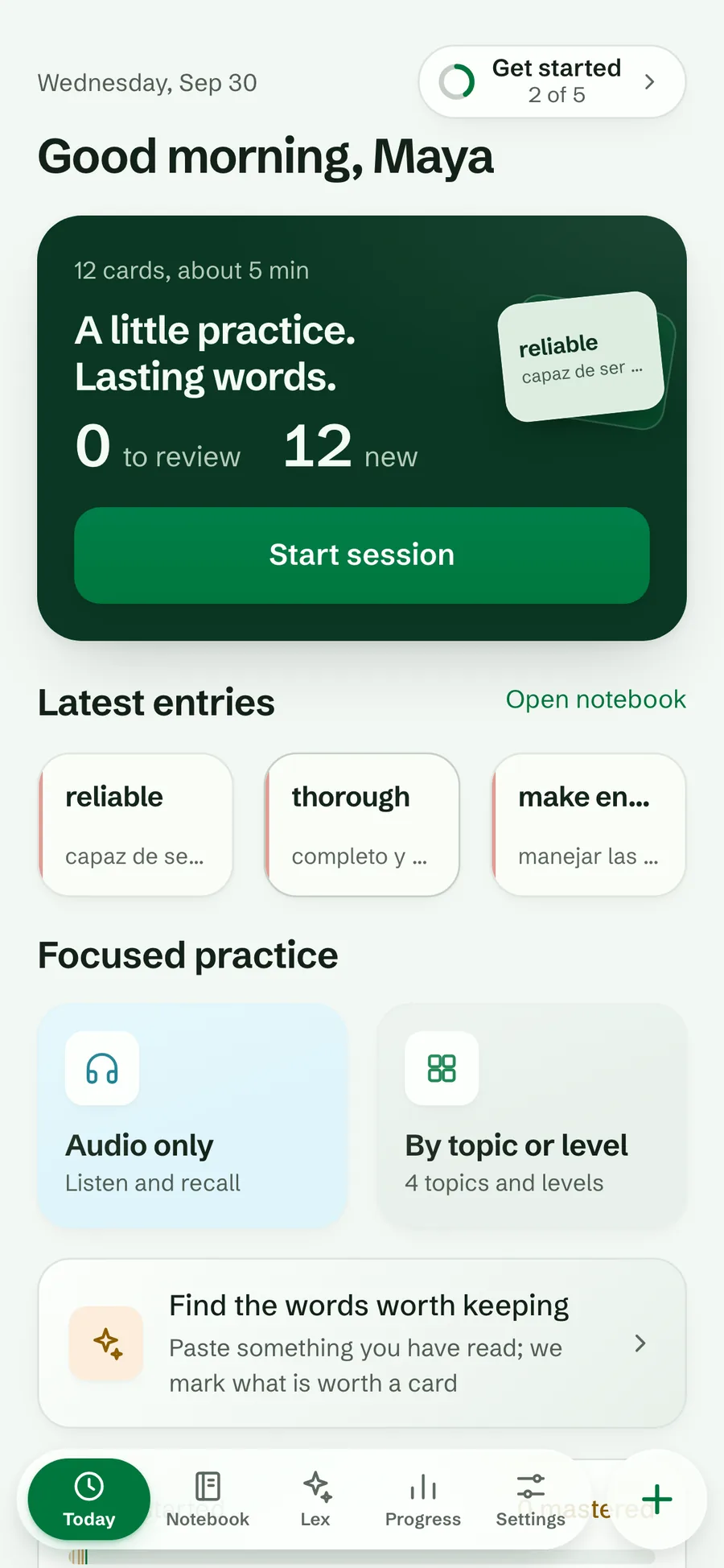 Lexpad Today screen in the light Forest theme: twelve new cards, the latest entries and focused practice tiles