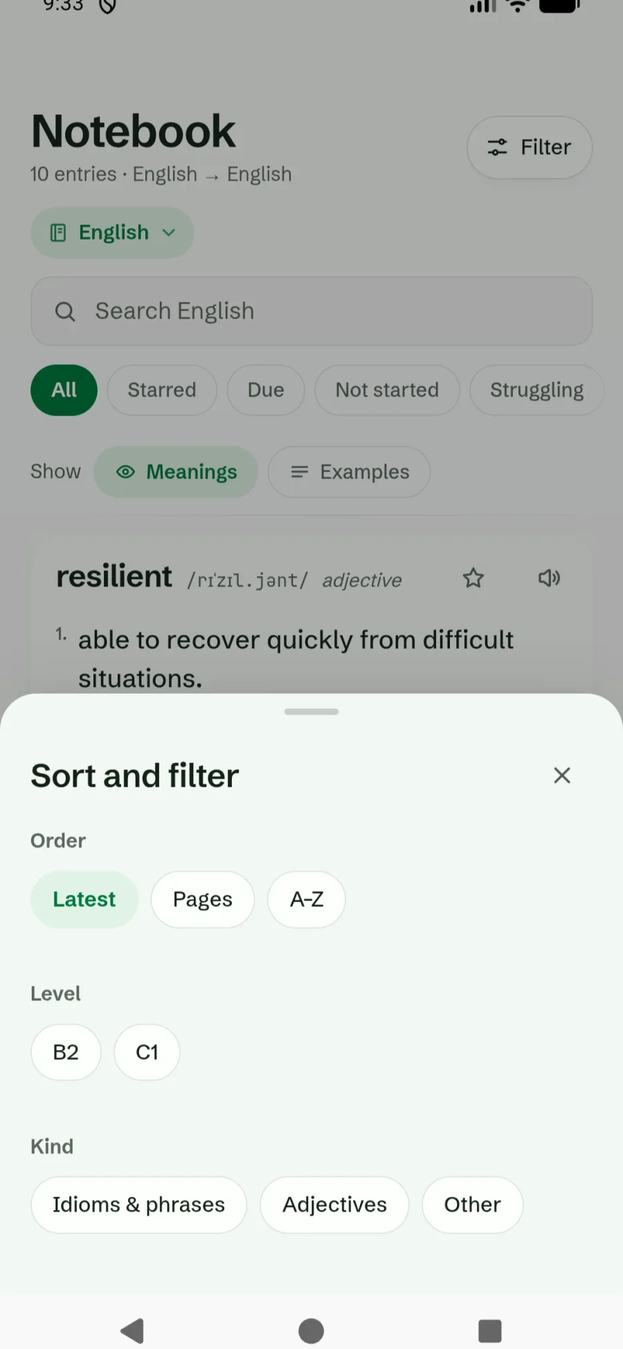 The notebook with its Show row, Meanings on and Examples off, under the filter chips, and the Sort and filter sheet open with order, level and kind options