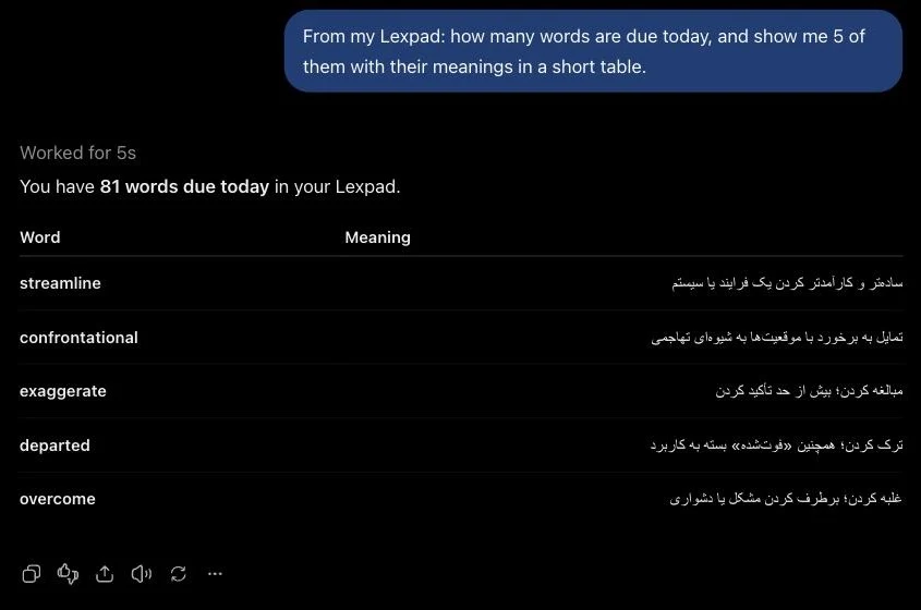 ChatGPT answering a question about Lexpad: You have 81 words due today, with a table of five words and their Persian meanings