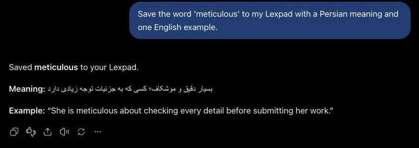 ChatGPT confirming “Saved meticulous to your Lexpad” with a Persian meaning and an English example