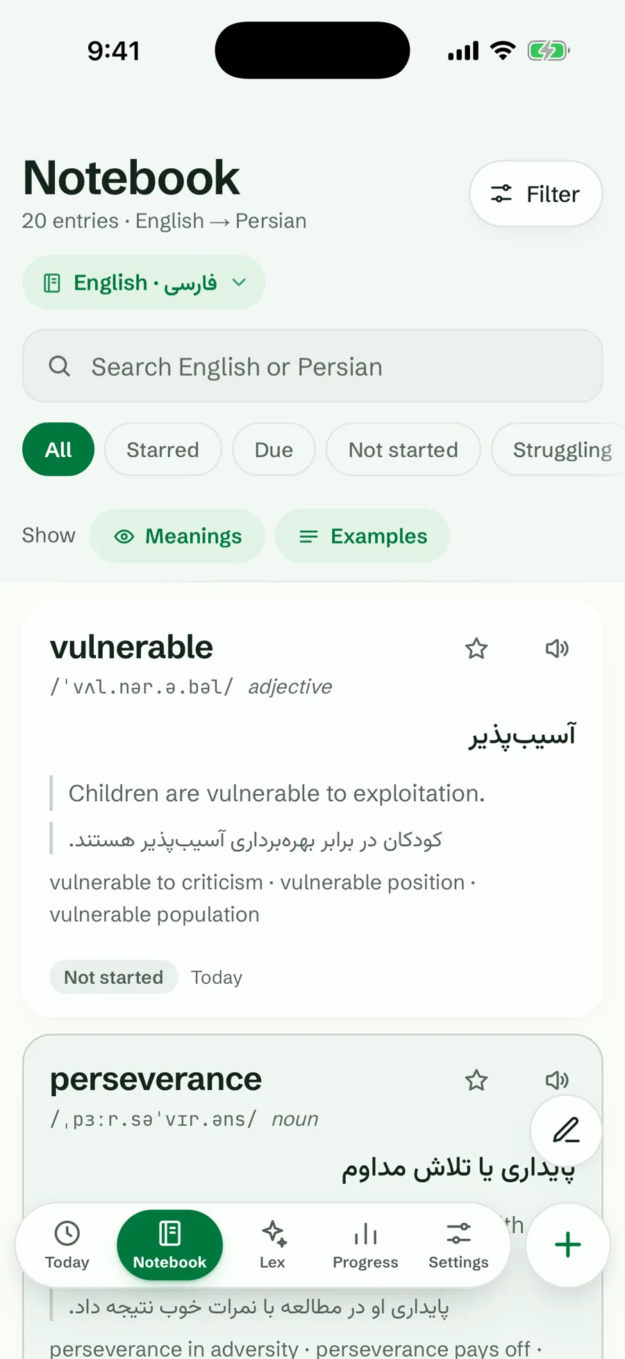 دفترچه انگلیسی به فارسی در لکس‌پد: لغت vulnerable با معنی فارسی آسیب‌پذیر و مثال