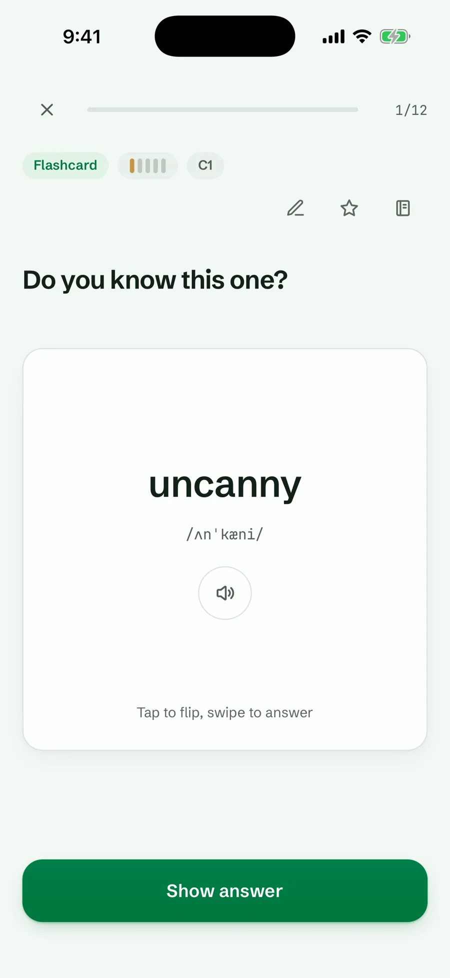 A Lexpad flashcard: Do you know this one? with the word uncanny, its pronunciation and a Show answer button