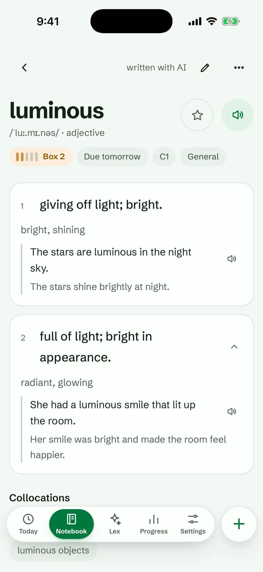 Lexpadの単語ページ：luminousの発音、形容詞、ボックス2、次の復習は明日、レベルC1、例文つきの2つの意味