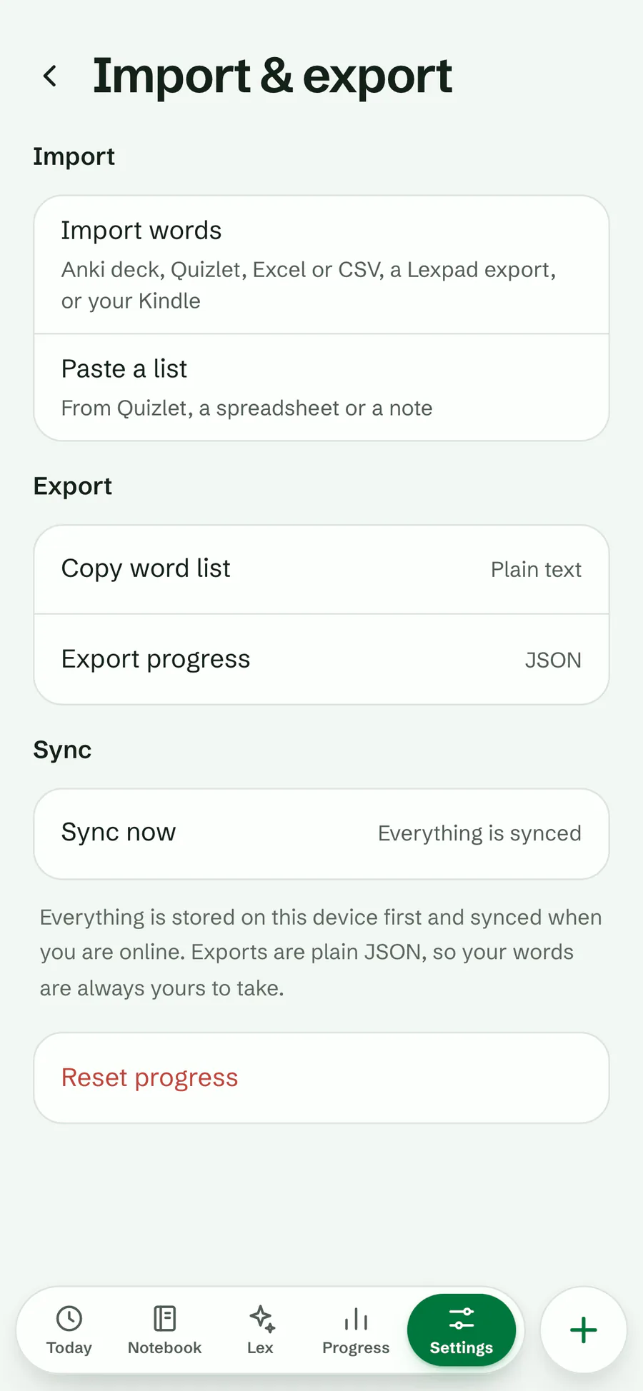 Lexpad’s Import and export screen: Import words from an Anki deck, Quizlet, a CSV or Excel file, a Lexpad export or your Kindle, and Paste a list