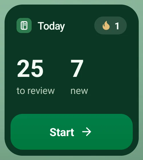The Today widget: 25 to review, 7 new, a one-day streak and a Start button