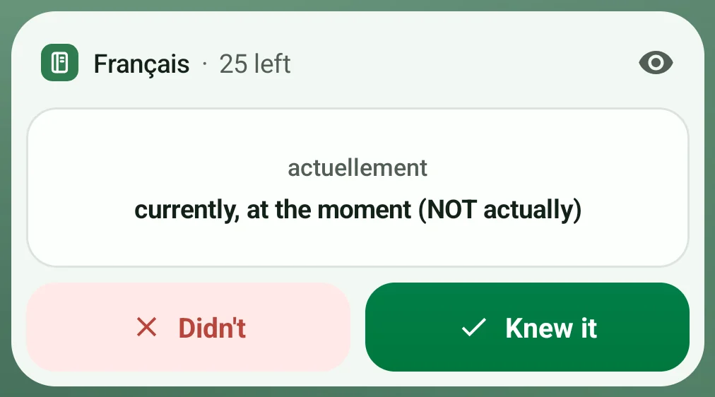 The Word card widget turned over: actuellement, currently, at the moment (NOT actually), with Didn’t and Knew it