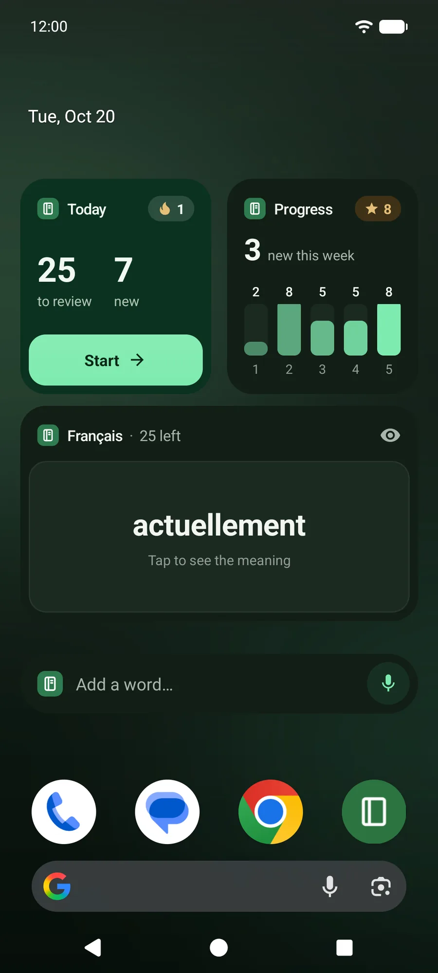 An Android home screen in dark mode with the Today, Progress, Word card and Quick add widgets