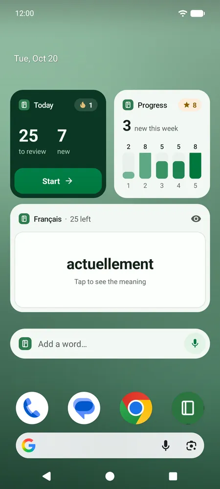 An Android home screen with four Lexpad widgets: Today with 25 to review and 7 new, Progress with the five boxes, the Word card showing actuellement, and Quick add