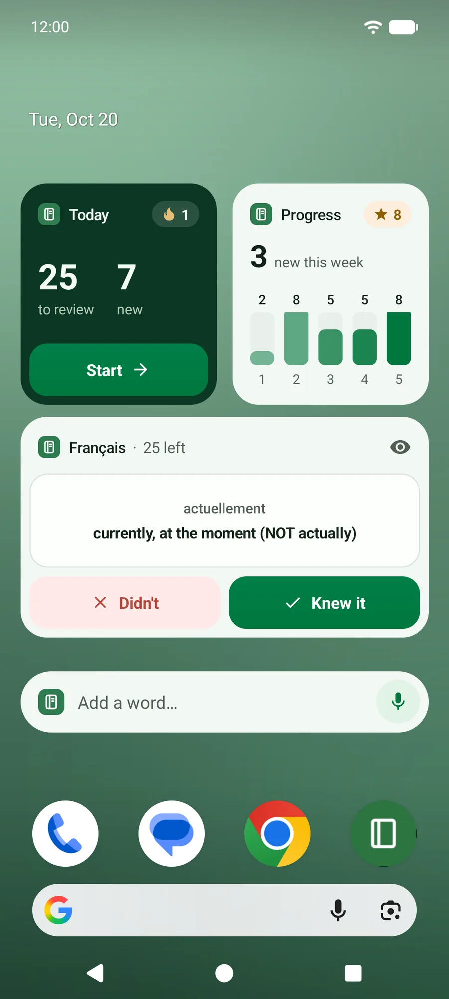 An Android home screen with the four Lexpad widgets, the Word card turned to the meaning of actuellement with Didn’t and Knew it