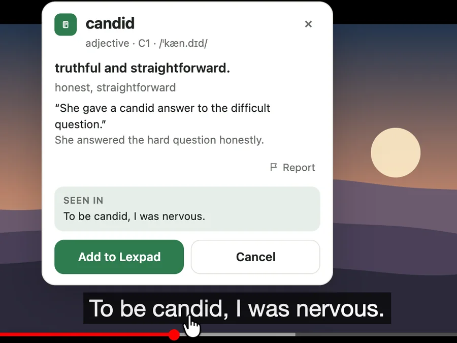 The Lexpad card open just above the clicked word candid, with its meaning and the subtitle line under Seen in