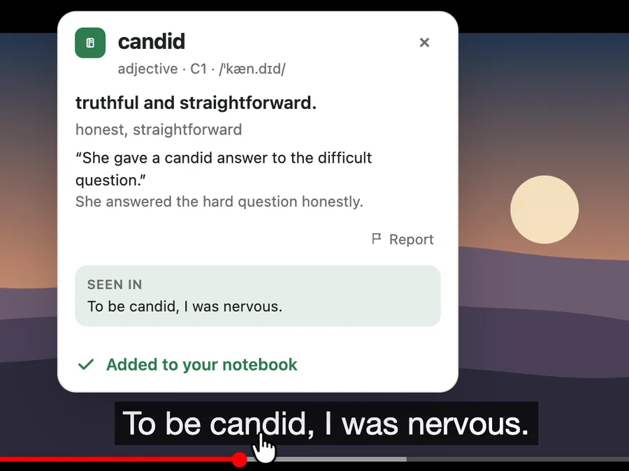 The same card after adding: Added to your notebook
